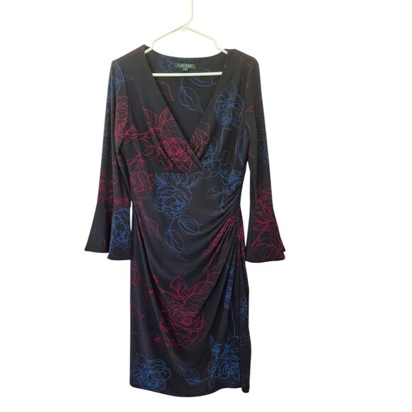 Lauren Ralph Lauren Dress Sz 12 Faux Wrap Navy Print Jersey Office Siren Event - Picture 2 of 9